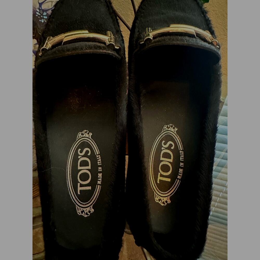 NEW TOD's Silver Double T BLACK PONY HAIR Leather Gommino Driving Shoes 38  US 8 - Picture 4 of 15